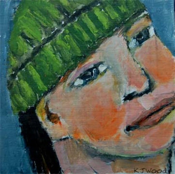 Acrylic Portrait Painting, Green Beanie, Young Girl, Slate blue background, black hair, 4x4 mini art chipboard