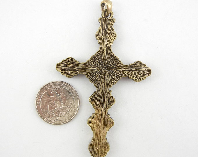 Burnished Gold-tone Gray and Black Rhinestone Encrusted Cross Pendant