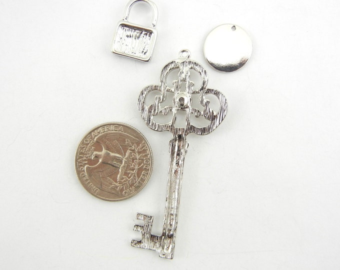 Set of Silver-tone Skeleton Key Pendant with Lock and Hope Charms