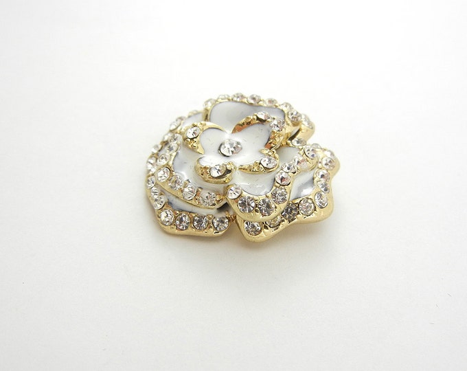 Gold-tone Rose Pendant with White Epoxy and Rhinestones Double link