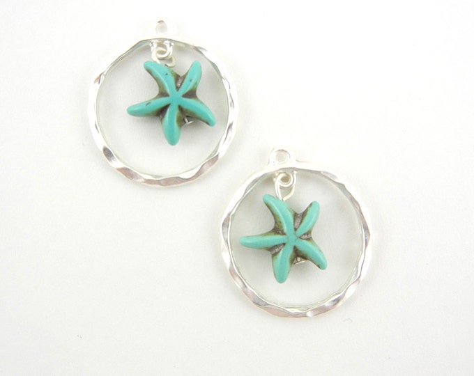 Pair of Turquoise Starfish in Matte Silver-tone Hoop Charms