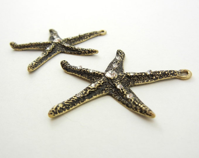 Pair of Burnished Gold-tone Textured Starfish Charms Rhinestones