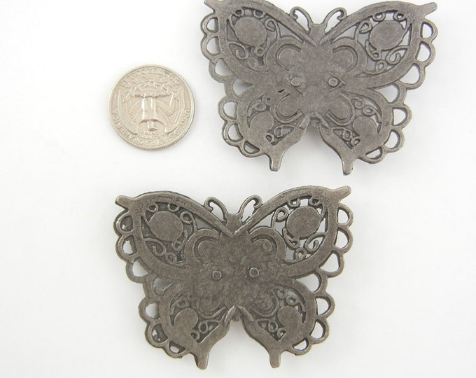 2 Hematite Filigree Butterfly Pendants with Black Acrylic Cabochons