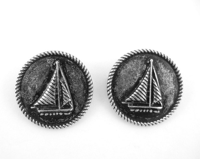 Pair of Double Link Antique Silver Round Sailboat Charms