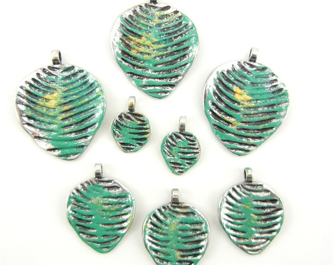 Set of 8 Painted Antique Silver-tone Leaf Charms