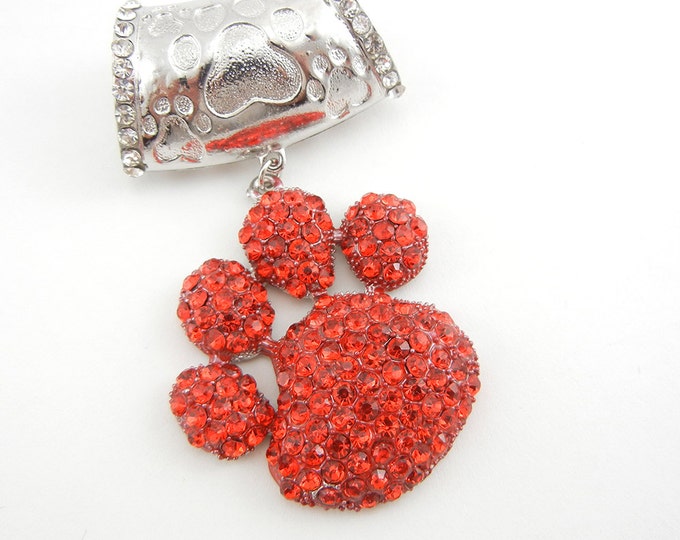Large Red Rhinestone Encrusted Paw with Holder Pendant Silver-tone