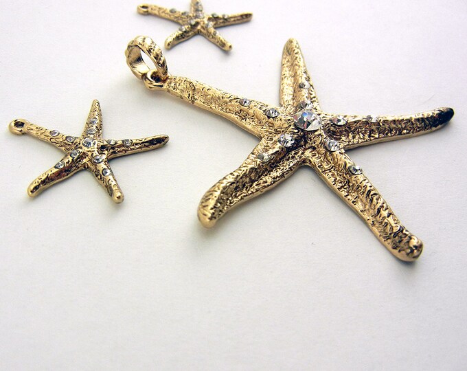 Set of Antique Gold-tone Rhinestone Accented Starfish Pendant and Charms