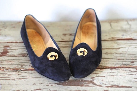 Vintage JOHANSEN Flats / 1960s Shoes / Navy Blue Suede Leather ...