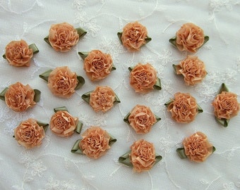 18pc ANTIQUE APRICOT Organza Ribbon Fabric Flower Applique Shabby Chic Baby Doll Carnation Cabbage Rose Bow