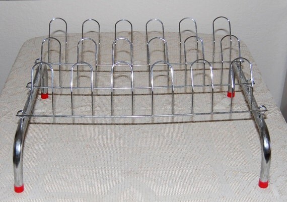 Vintage Metal Shoe Rack Wire Organizer Red Feet Retro Mod RV