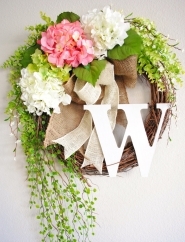 Pink & White Hydrangea Monogram Grapevine Wreath with Chevron Burlap. Spring Wreath. Summer Wreath. Housewarming, Wedding, Mother's Day.