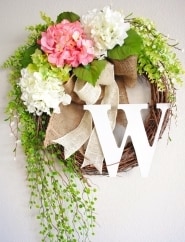 Pink & White Hydrangea Monogram Grapevine Wreath with Chevron Burlap. Spring Wreath. Summer Wreath. Housewarming, Wedding, Mother's Day.