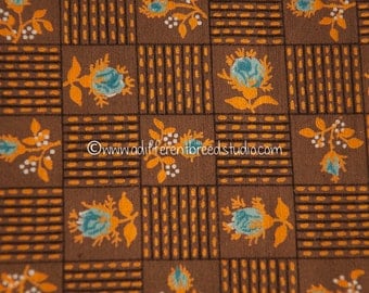 Mod Blue Roses- Vintage Fabric New Old Stock Oranges Browns Geometric Juvenile 36" wide