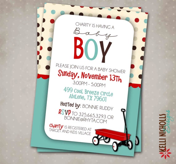 Red Wagon Boy Baby Shower Invitation with Polka Dots - personalized, printable, digital file