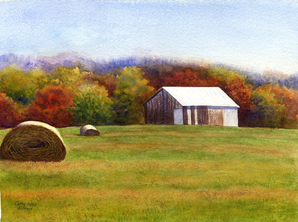 Barn Art Watercolor Landscape Painting Print by Cathy