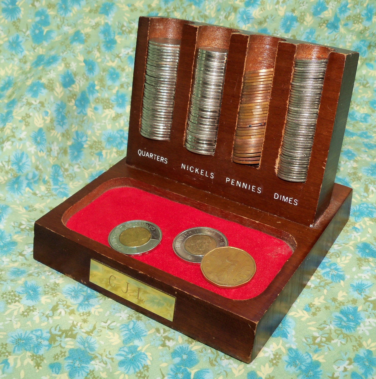 SALE Vintage Monogrammed Wooden Coin Sorter Keeper by retroheart