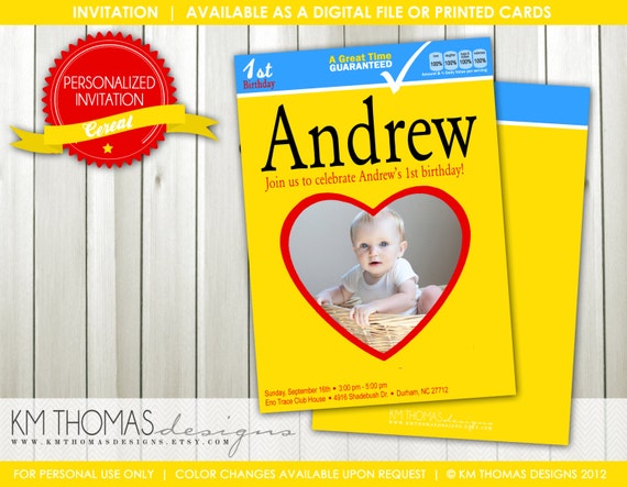 Cereal Birthday Party: 1st Birthday - Yellow Box Party - Photo Invitation - Digital - Printable - #121 Il_570xn