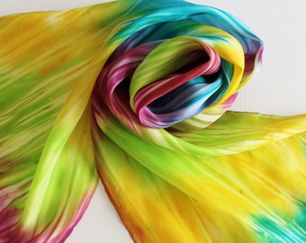 Hand Painted Silk Scarf - Handpainted Scarves Lime Yellow Chartreuse Green Wine Magenta Pink Teal Turquoise Blue Lemon Neon Bright