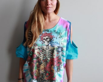 Grateful Dead Tie Dye Bertha Open Cut Out Cold Shoulder Upcycled Oversized Tshirt//Top/Shirt Womens Hippie Boho Festival