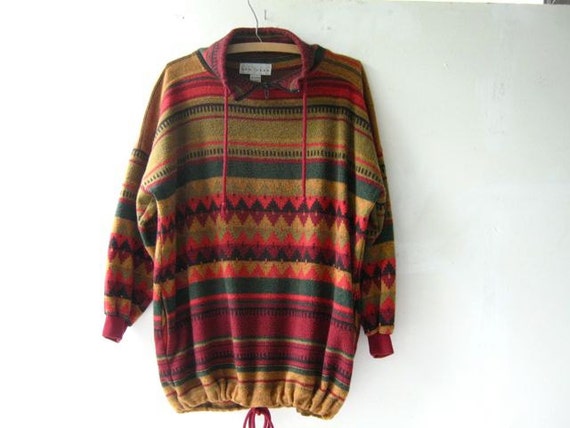 vintage pullover sweater. tribal design. colorful fleece.