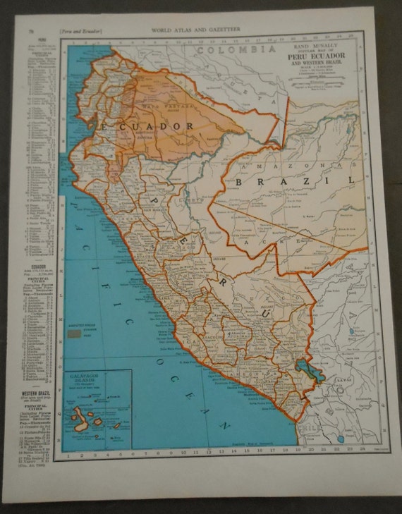 1940 Peru Ecuador Map Colombia South America by moosehornvintage