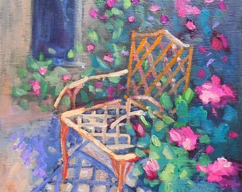 Chair Painting, Garden Painting, Daily Painting, Small Oil Painting, In the Garden by Carol Schiff 8x8x1.5"