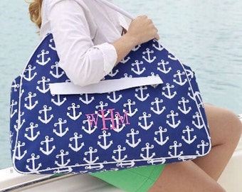 Extra large personalized navy and white anchor nautical zippered Beach ...