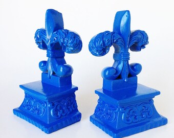 Bookends, Fleur de Lis, Rustic French Decor, Shabby Chic Decoration, Set of Two, Blue Room Decor, Library Decor