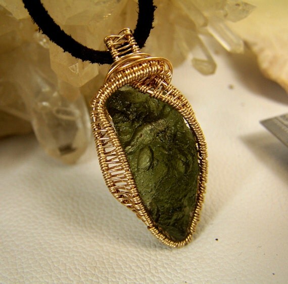 Moldavite Gold wire wrap necklace pendant 14 Karat GOld