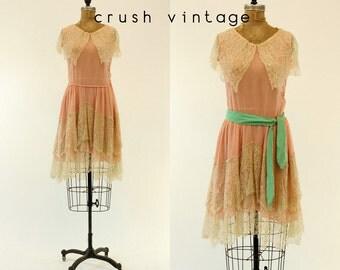 20s Dress Silk Chiffon XS Small / 1920s Vintage Lace Seafoam Dropwaist Dress / Sweet Naivete Dress