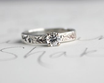 white sapphire engagement ring . unique diamond alternative engagement ring . handcrafted recycled silver and 10k white gold engagement ring