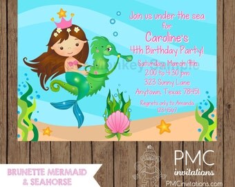 Custom Printed Brunette Mermaid Birthday Invitations - 1.00 each with envelope