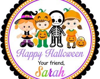 Halloween Stickers, Halloween Kids in Costumes, Personalized Halloween Gift Tags, Party Favor Labels -Set of 12