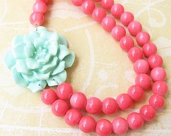Flower Necklace Statement Necklace Beaded Necklace Coral Jewelry Mint Necklace Bridesmaid Jewelry Gift For Her