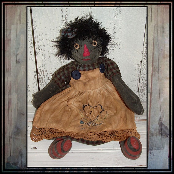 Primitive Folk Art hand embroidered black raggedy doll HAFAIR OFG cutwork apron