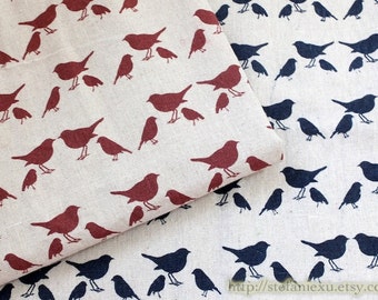 Home Decor Natural Raw Linen Fabric-Retro Lovely Bird Birds Couple Family Collection (Fat Quarter, Choose Color)