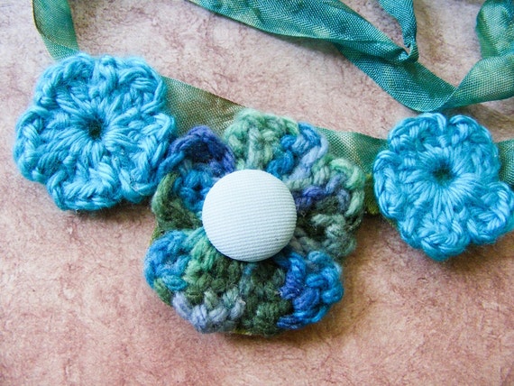 Crochet Flower Trio Bib Ribbon Necklace