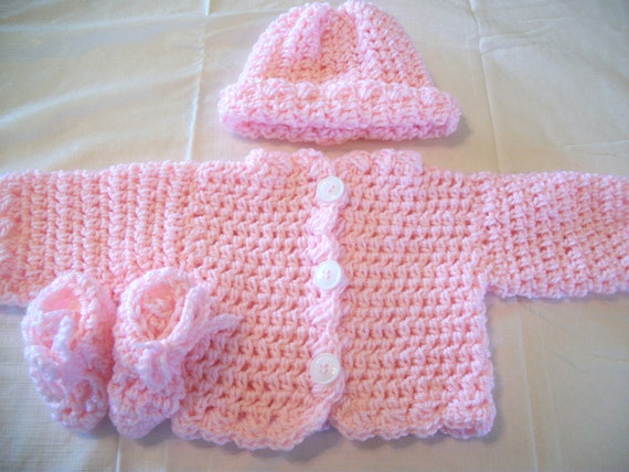 Crochet Baby Girl Newborn to 3 months Sweater Hat and Booties