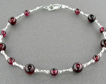 Garnet Bracelet in Natural Gemstones and Sterling Silver Twisted Spacers in Small to Large Sizes, 7-10 inches,