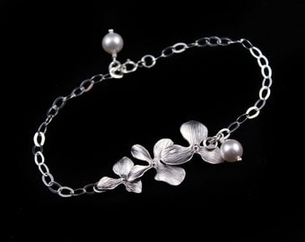 Wedding Jewelry Triple Orchid Silver Bridesmaid Bracelet