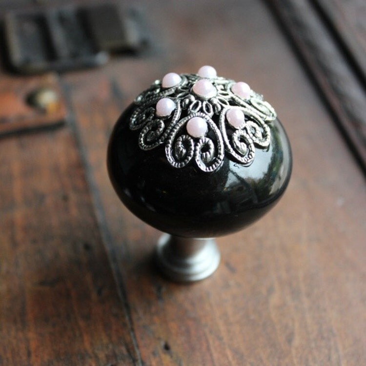 Ceramic Drawer Knobs in Black with Silver Metal Top and by DaRosa