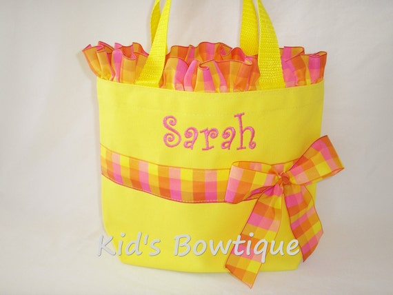 Yellow Brights Personalized Ruffles and Bow Tote Bag- Monogrammed Flower Girl Gift- Ribbon Purse