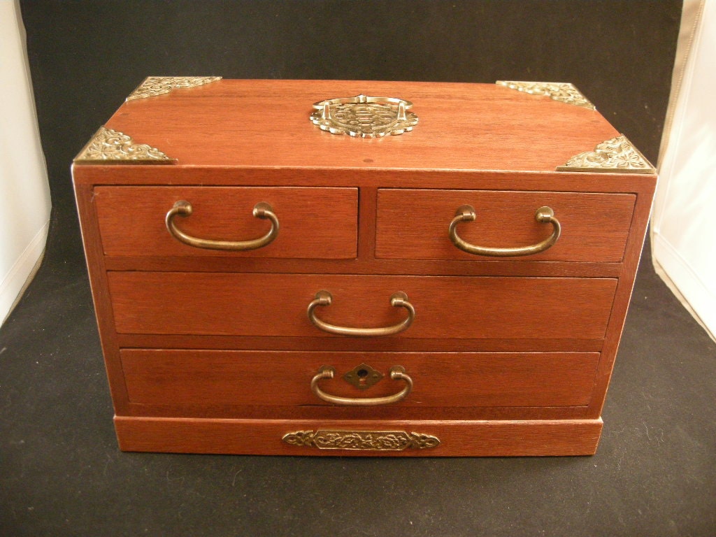 Japanese Tansu Jewelry Box Made of Wood and Brass by cerritorose
