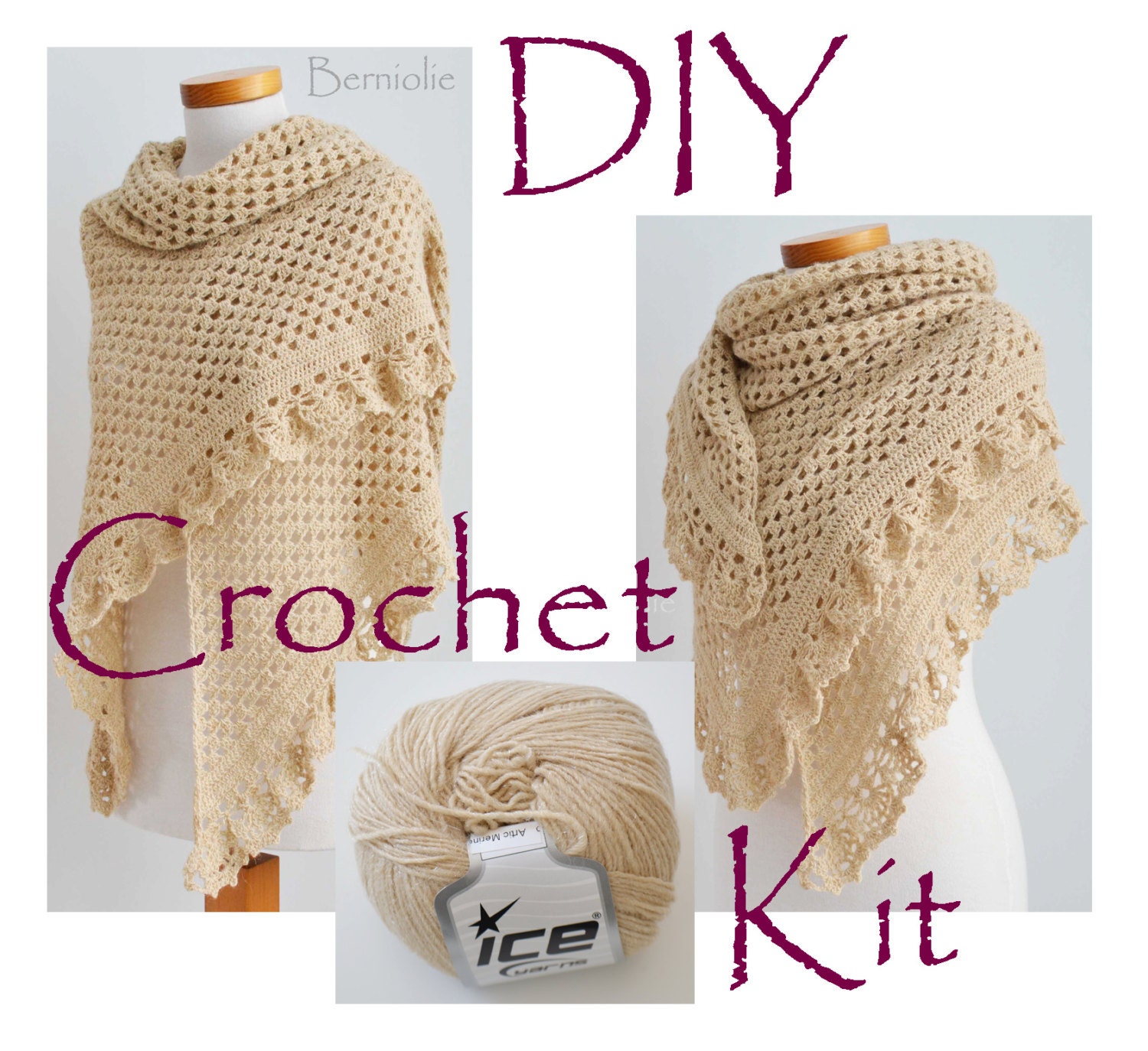 DIY Crochet Kit Crochet shawl kit ASHLEY Beige yarn and
