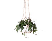 Modern Beaded Hanging Planter | Plant Hanger | Natural Wood Beads | Minimalist Home Decor