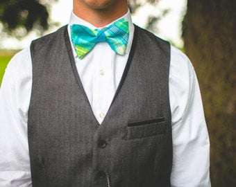The Beau- men's aqua/lime/navy plaid freestyle self-tie bow tie