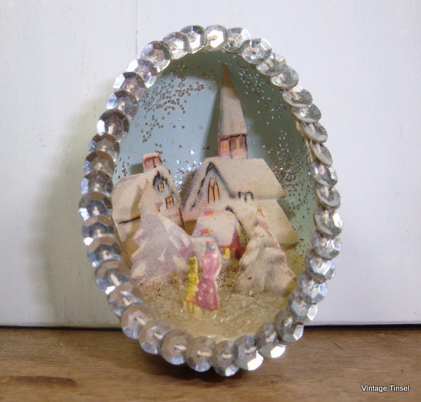 Vintage Handcrafted Diorama Egg Christmas Ornament Silver