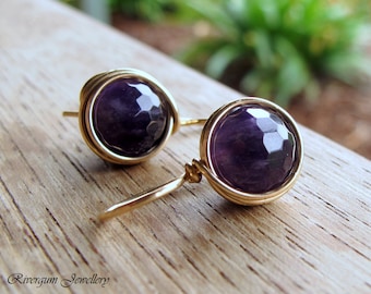 Amethyst Earrings, Wire Wrapped, 14kt Gold Filled, February Birthstone, Aquarius, RiverGum Jewellery