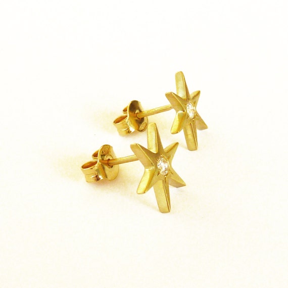 DIAMOND 18K GOLD STUD EARRINGS STAR solid yellow gold handmade jewelry ...