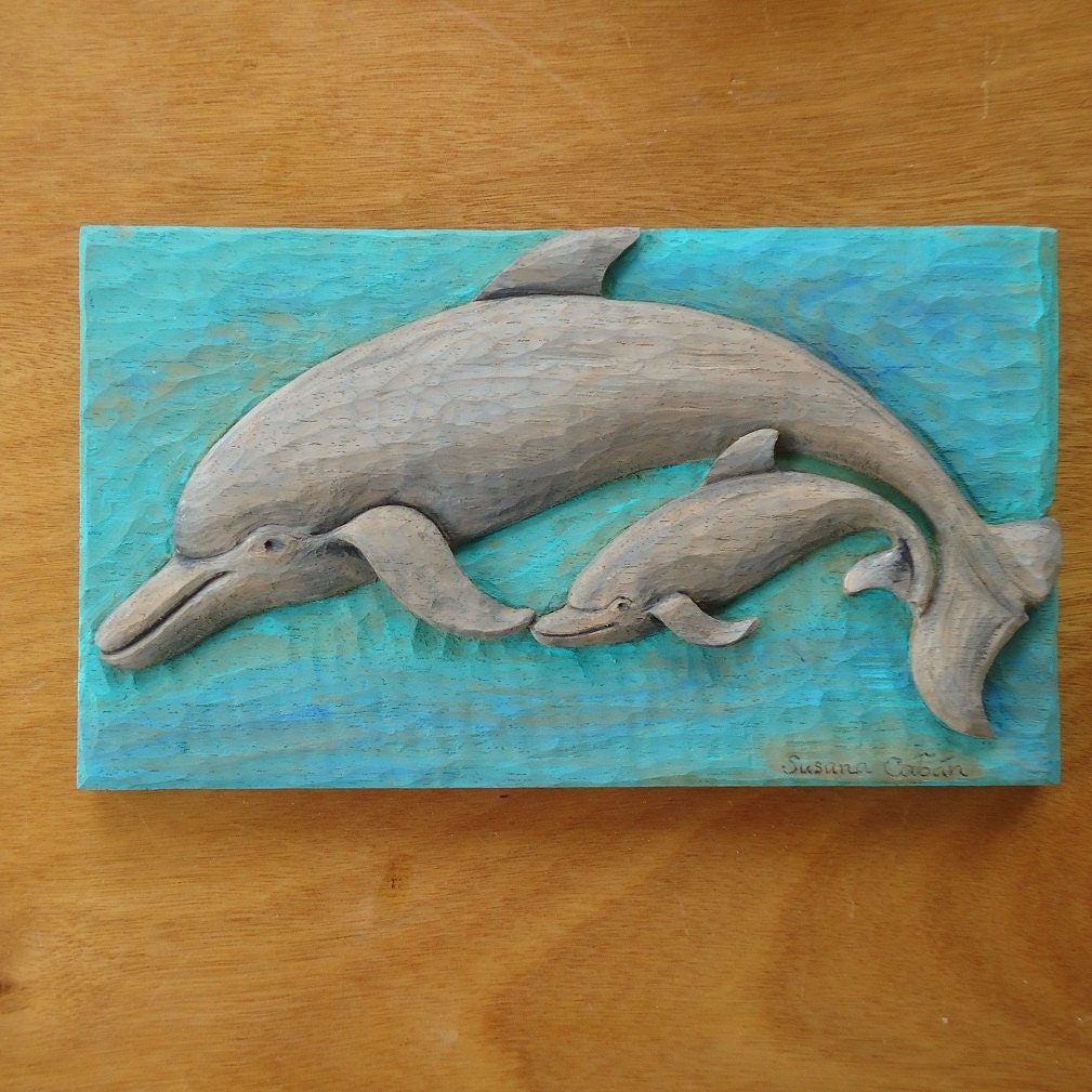 DOLPHIN Wood Carving with Mother and Baby Dolphin Tropical